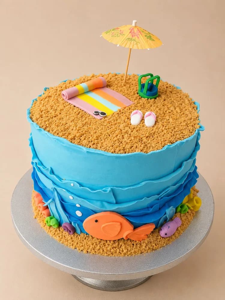 Beach themed cake with sand, sea and parasol