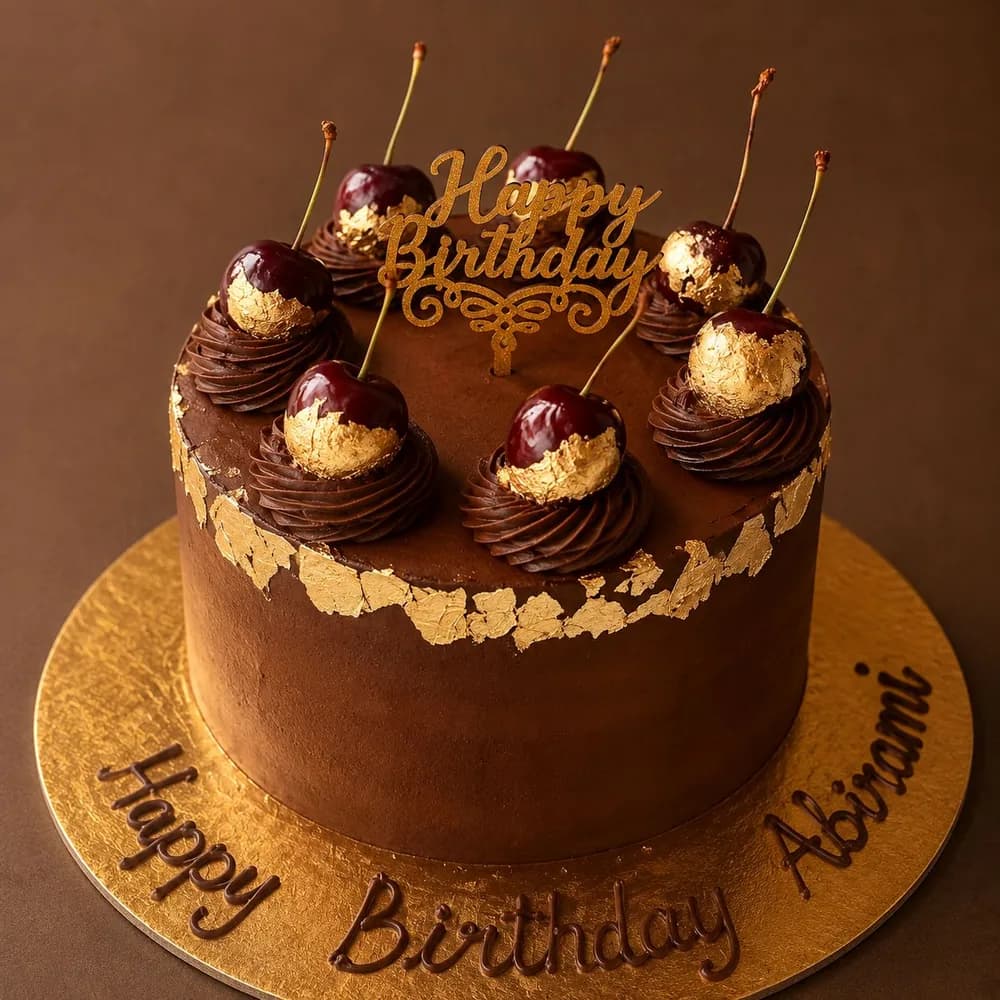 Chocolate cake with cherries and gold leaf