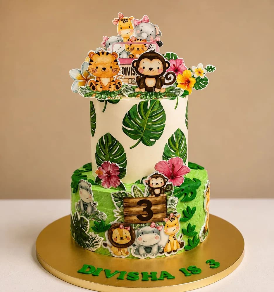 Two tier jungle safari cake