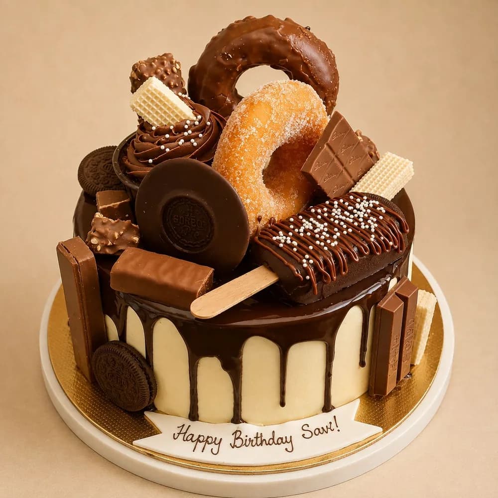 Chocolate cake loaded with doughnuts, wafers and chocolate bars