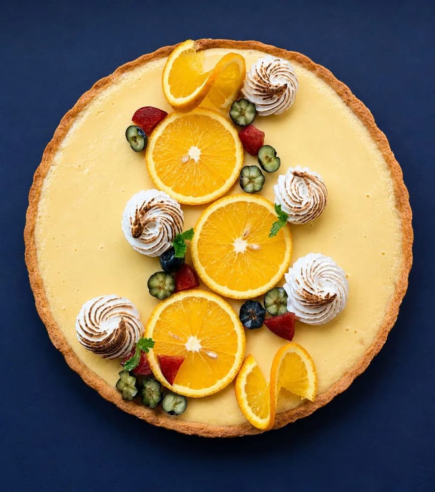 Citrus tart with orange slices and torched meringue
