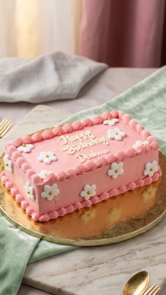 Pink buttercream sheet cake with piped daisies